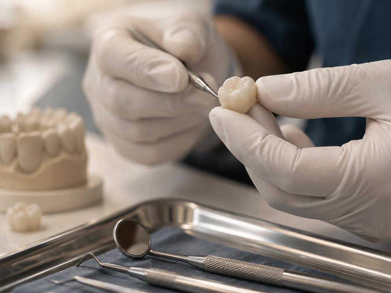 A dentist holding a ceramic dental crown