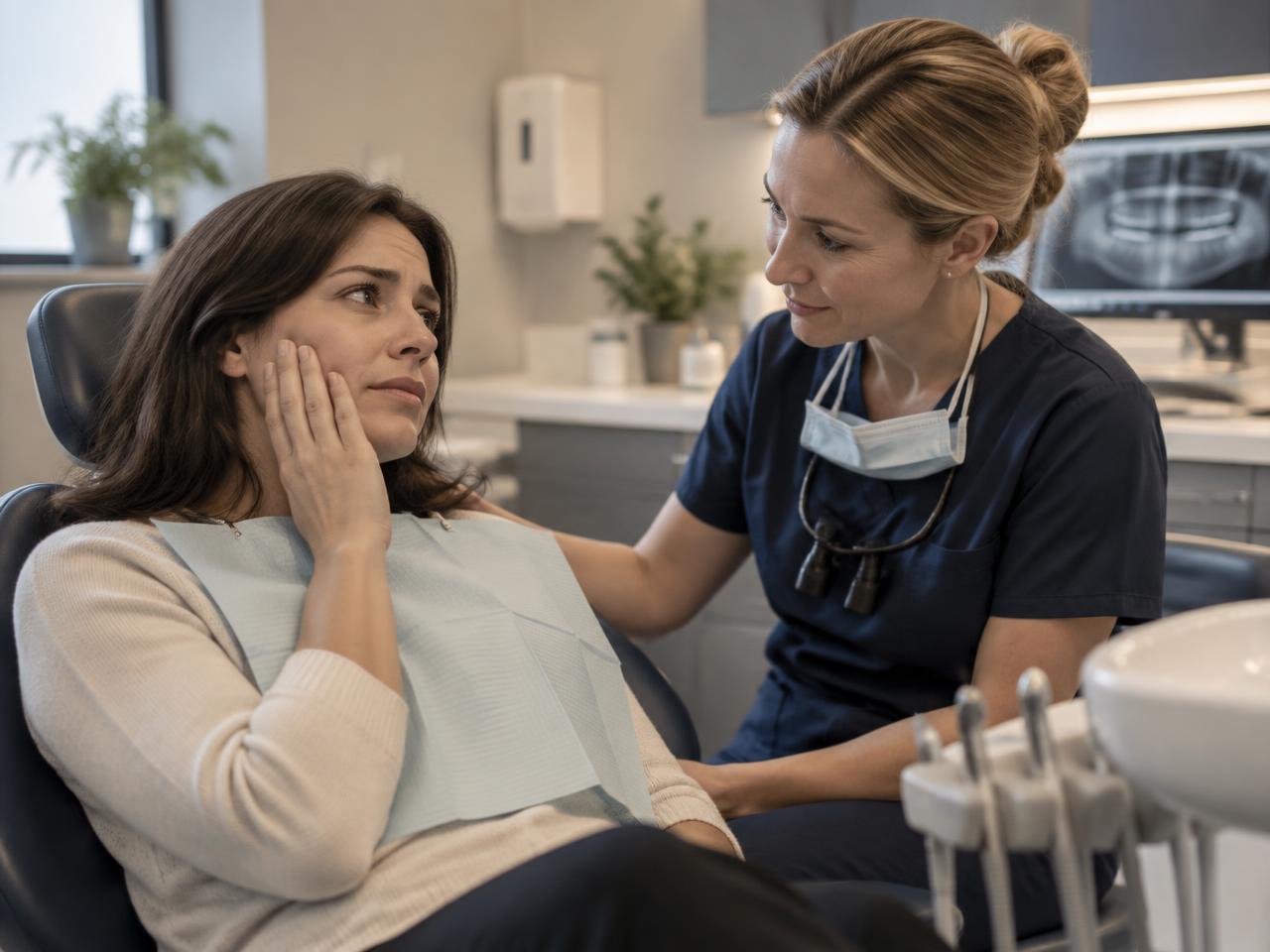 A dentist reassuring a patient with toothache